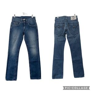 True Religion Straight Size 29” Rhinestone Buttons Medium Wash Mid Rise Jeans